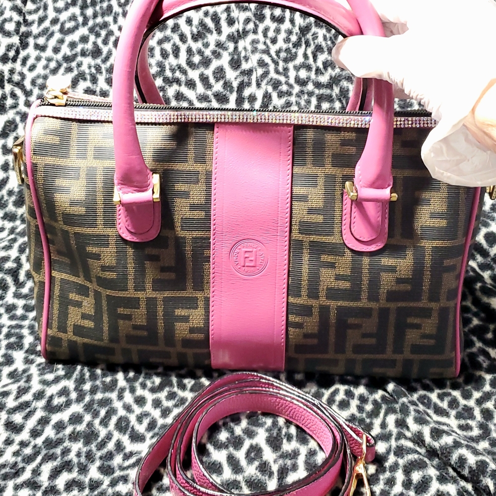 100% AUTHENTIC Vintage Fendi ZUCCA Forever Bauletto bag custom PINK & Bling